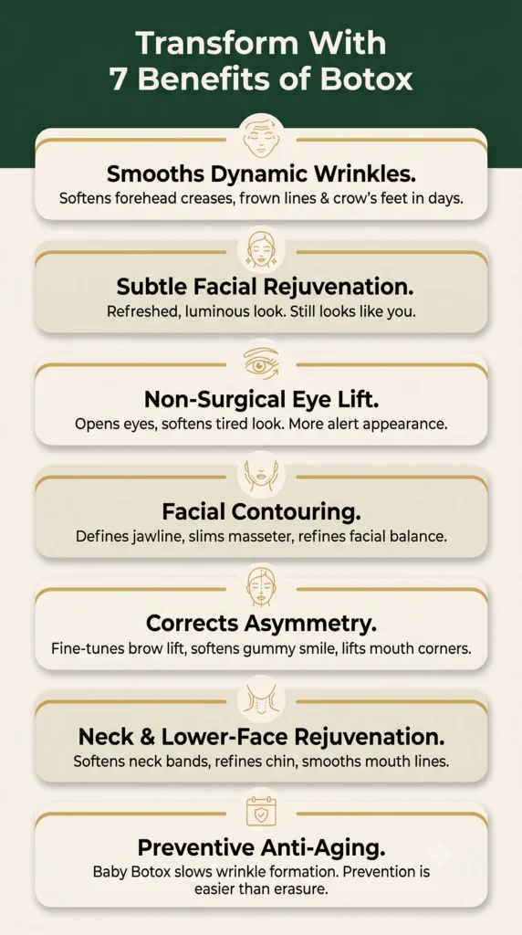 Infographic showing 7 transformative benefits of Botox treatments in Ajax: wrinkle smoothing, rejuvenation, lifting, contouring, symmetry correction, neck rejuvenation, and preventive care