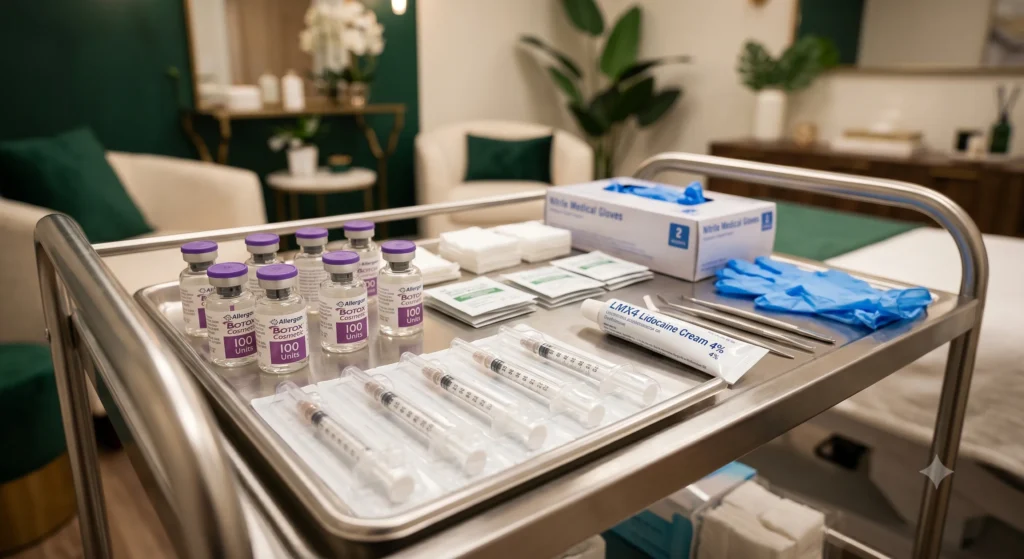Professional Botox injection setup showing sterile equipment and vials in a certified Ajax medical spa treatment room