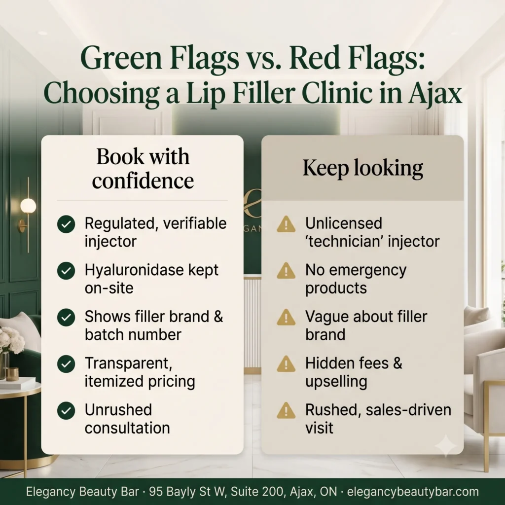 Green flags and red flags for choosing a lip filler clinic in Ajax, compared by Elegancy Beauty Bar.