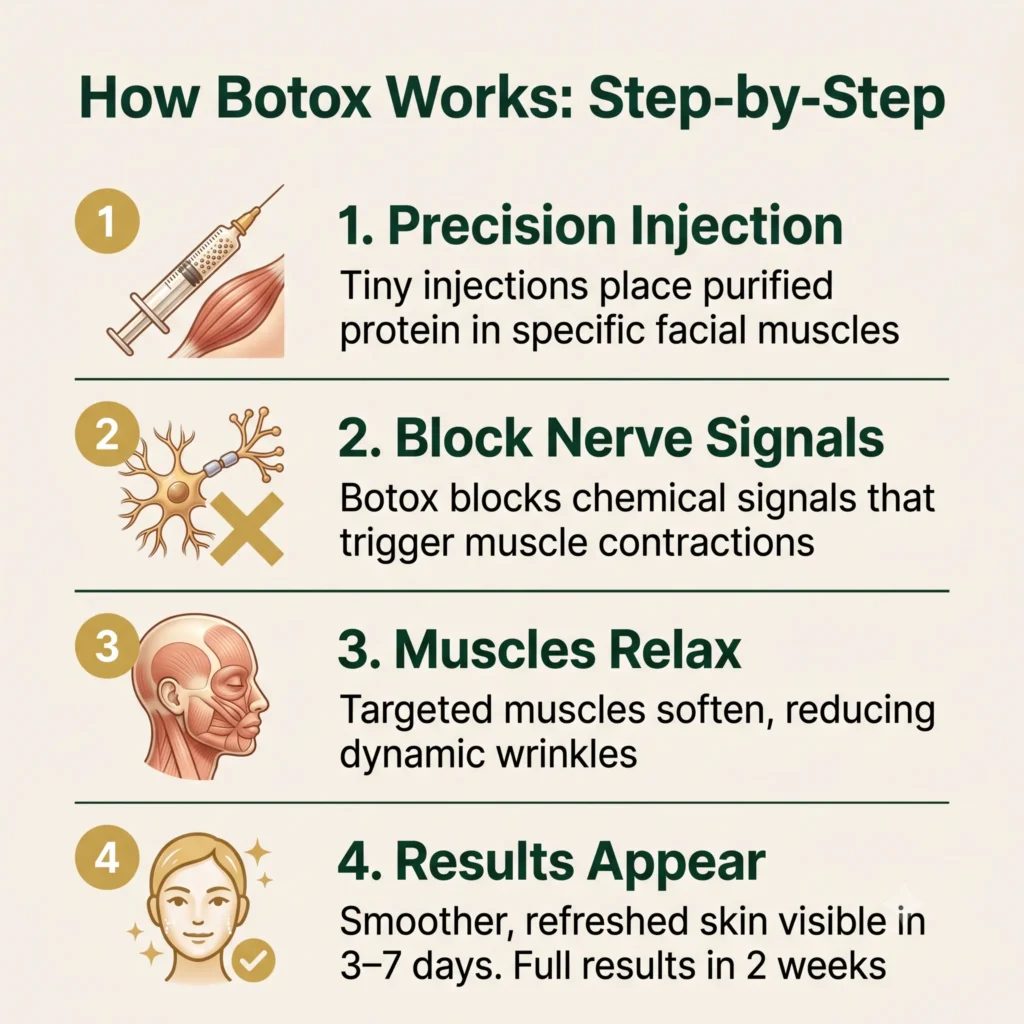 Step-by-step infographic explaining how Botox works: injection, nerve signal blocking, muscle relaxation, and visible results in Ajax clinics/ Botox treatments in Ajax
