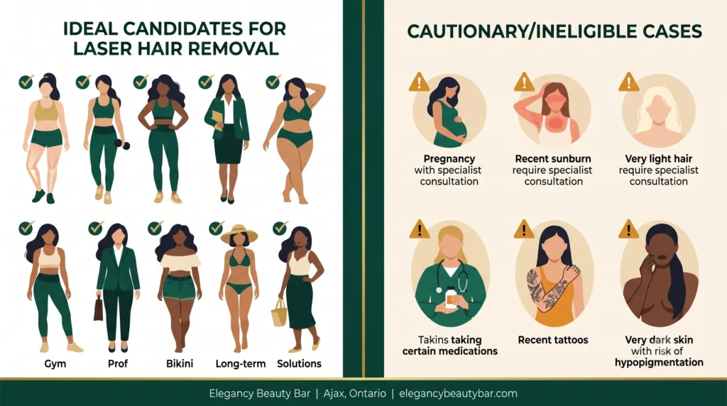 Laser hair removal Ajax infographic showing ideal candidates and contraindications with safety considerations at Elegancy Beauty Bar 