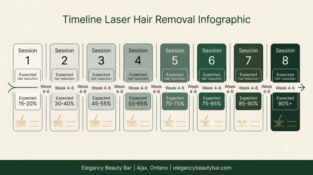 Laser hair removal Ajax session-by-session results timeline showing expected hair reduction through treatment series at Elegancy Beauty Bar