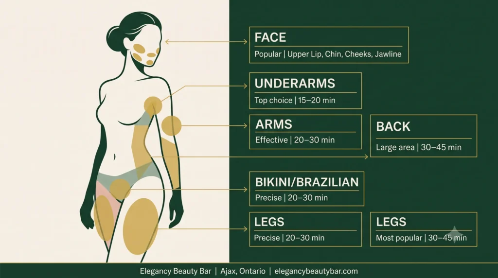 Laser hair removal Ajax treatment areas diagram showing face, underarms, legs, bikini, back, and arms with session duration for each area at Elegancy Beauty Bar