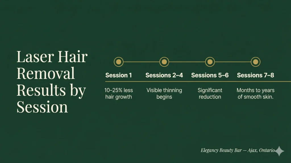 Horizontal timeline infographic showing laser hair removal results session by session — Elegancy Beauty Bar Ajax