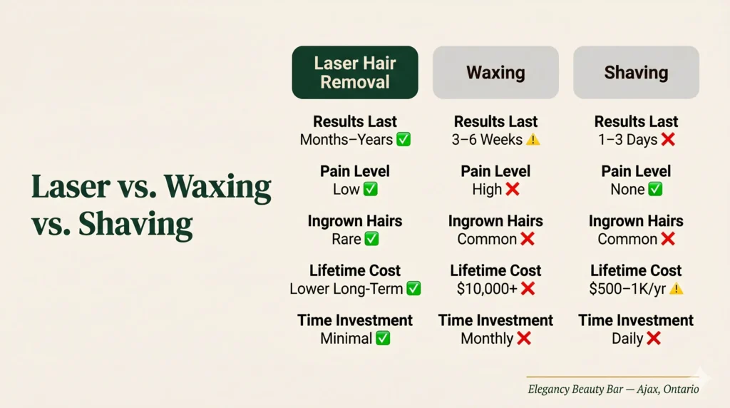 Landscape infographic comparing laser hair removal vs waxing vs shaving — Elegancy Beauty Bar Ajax
