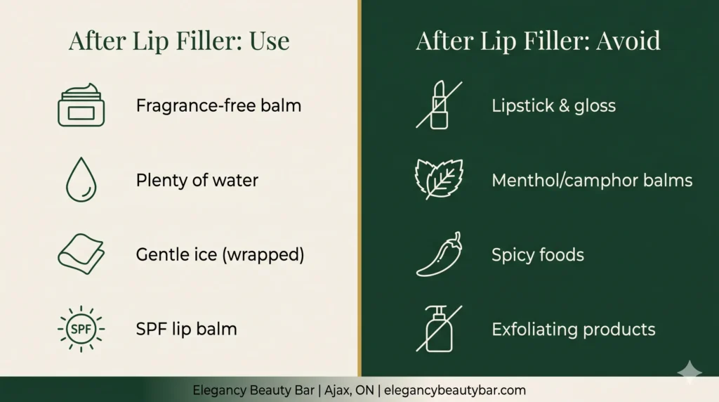 Lip filler Ajax aftercare guide showing what to use and avoid for hydrated lips