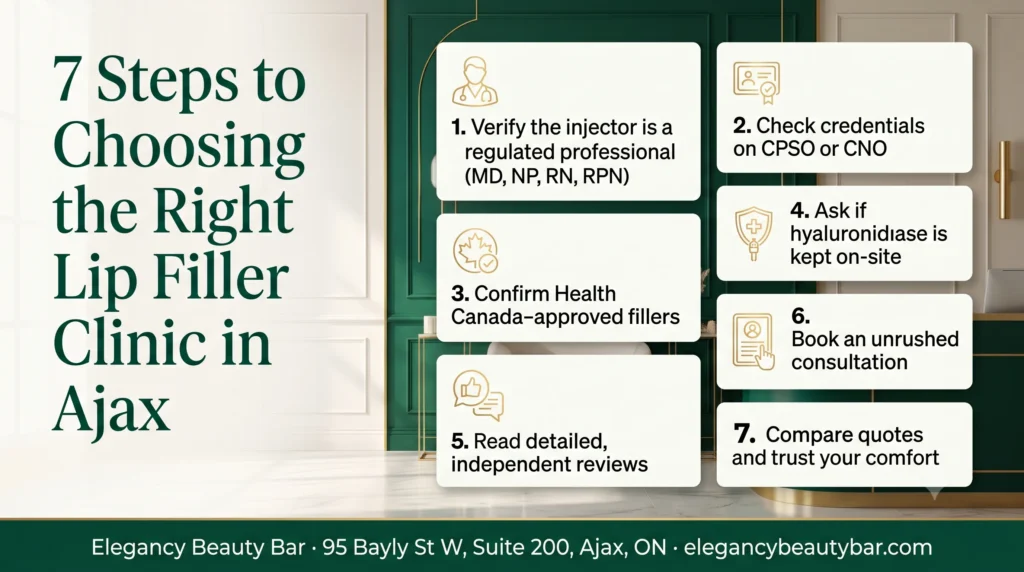 Seven steps to choosing a safe lip filler clinic in Ajax, from credentials to consultation, by Elegancy Beauty Bar.