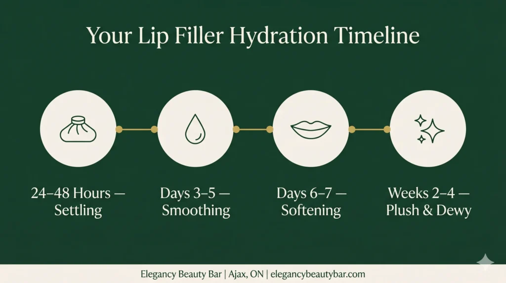 Lip filler Ajax hydration timeline showing healing stages from day 1 to week 4