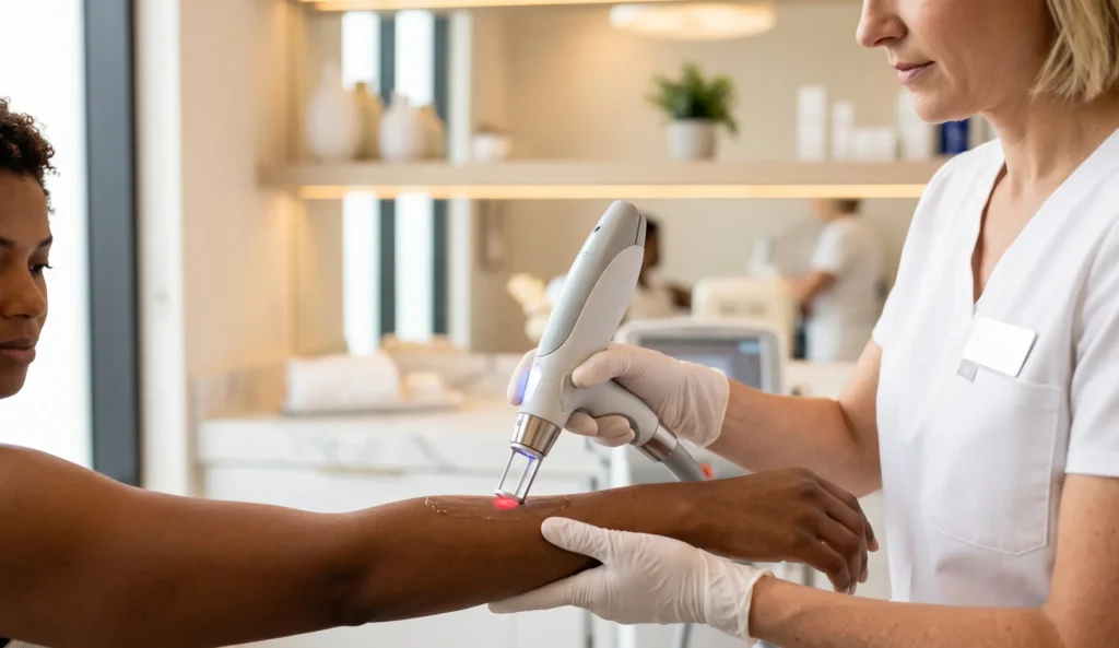 Certified laser technician performing hair removal treatment on a client's leg in Ajax clinic