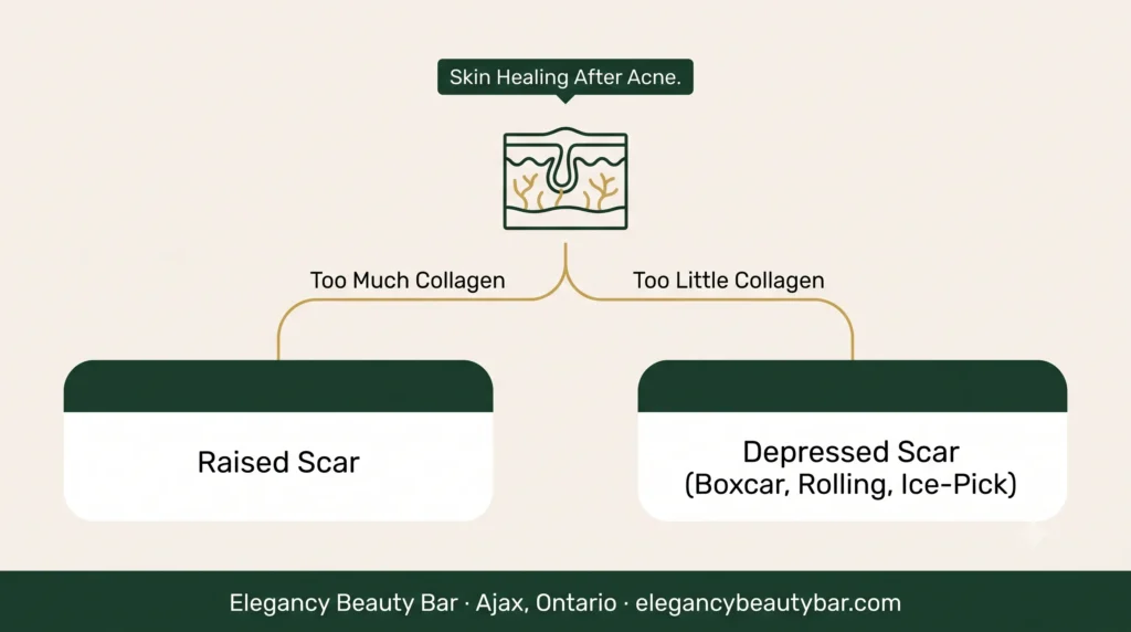 Diagram of how acne scar types form from collagen healing, from Elegancy Beauty Bar in Ajax