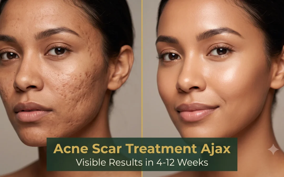 Before and after acne scar treatment results at Elegancy Beauty Bar in Ajax, showing dramatic skin improvement over 4-12 weeks.