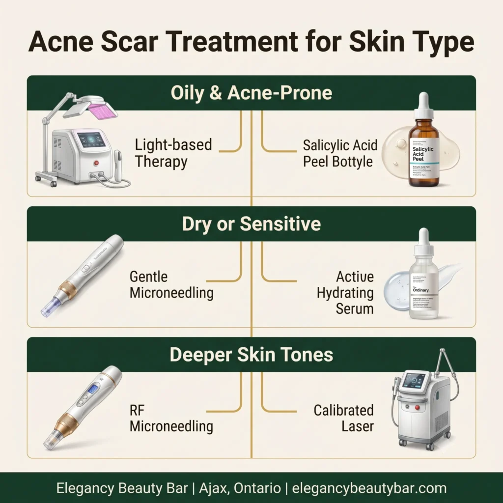 Infographic matching acne scar treatment for skin type to oily, sensitive, and deeper skin tones at Elegancy Beauty Bar in Ajax