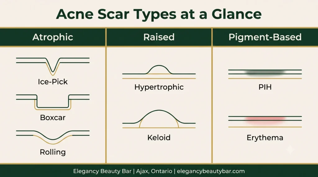 Illustrated chart of acne scar types supporting acne scar treatment for skin type at Elegancy Beauty Bar in Ajax, Ontario