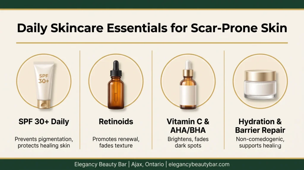Skincare essentials supporting acne scar treatment for skin type from Elegancy Beauty Bar in Ajax