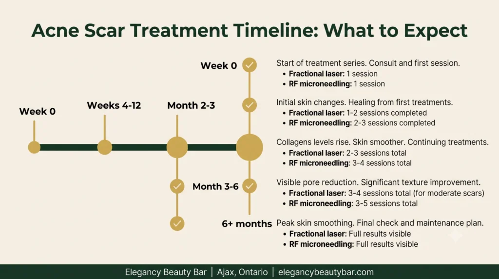 Timeline showing acne scar treatment progression from week 0 to 6+ months, displaying visible results and improvement milestones for professional treatment in Ajax.