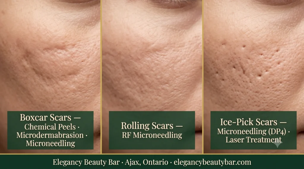 Acne scar types in Ajax showing boxcar, rolling, and ice-pick scars with matching treatments at Elegancy Beauty Bar