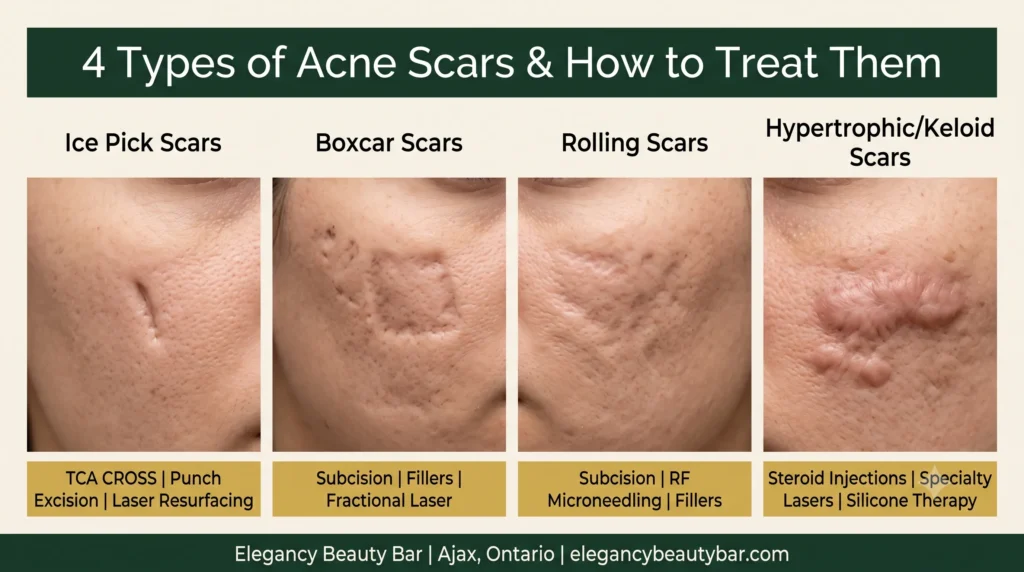 Comparison of four acne scar types — ice pick, boxcar, rolling, and hypertrophic — with recommended acne scar treatment options at Elegancy Beauty Bar in Ajax.