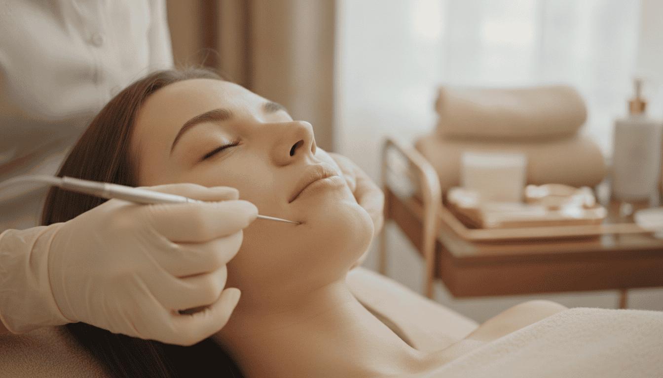 Electrolysis probe treating facial hair at Elegancy Beauty Bar, Ajax — the electrolysis side of electrolysis vs laser hair removal