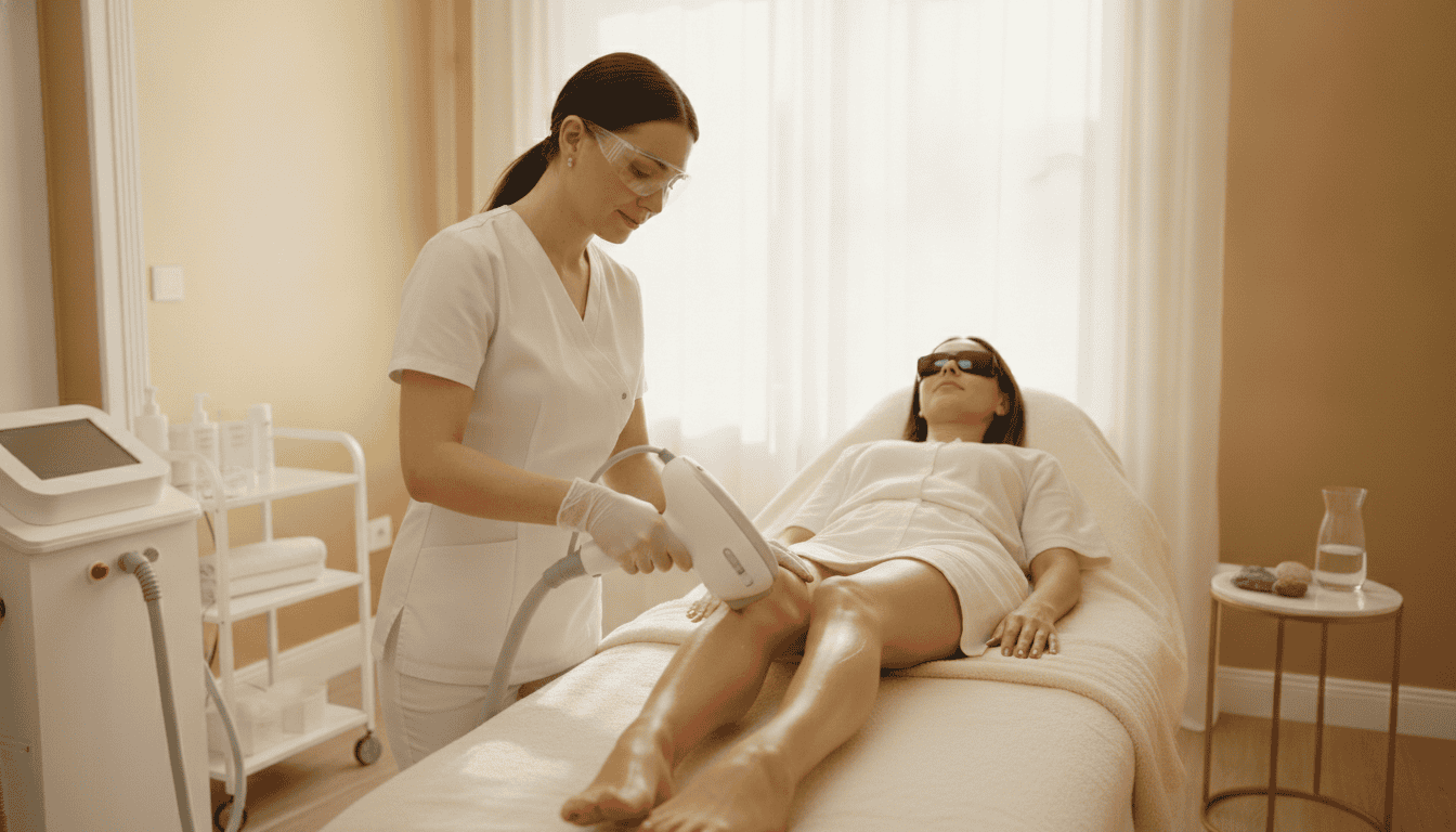 Laser hair removal on the leg at Elegancy Beauty Bar in Ajax — the laser side of electrolysis vs laser hair removal