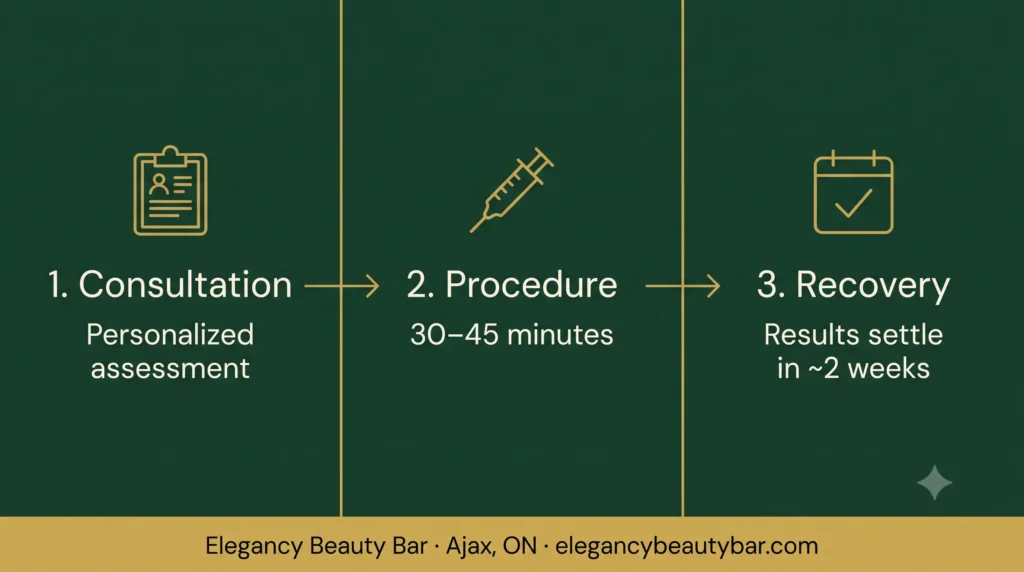 Three-step lip filler appointment process in Ajax at Elegancy Beauty Bar: consultation, procedure, recovery
