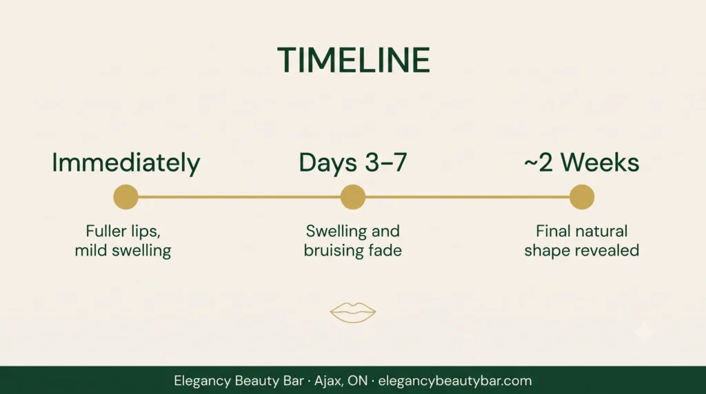 Lip filler appointment results timeline in Ajax showing healing stages at Elegancy Beauty Bar
