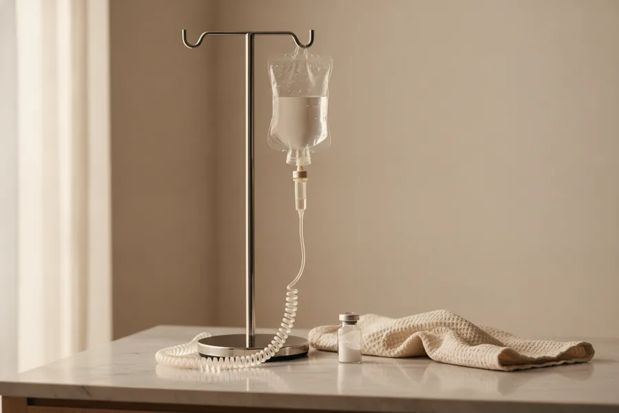 Glutathione IV drip bag on a stand with a clear infusion line at Elegancy Beauty Bar in Ajax, Ontario