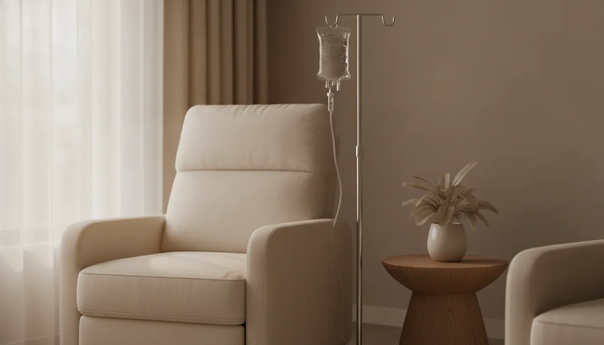 IV drip bag on a stand beside a cream recliner chair in the IV therapy room at Elegancy Beauty Bar in Ajax, Ontario