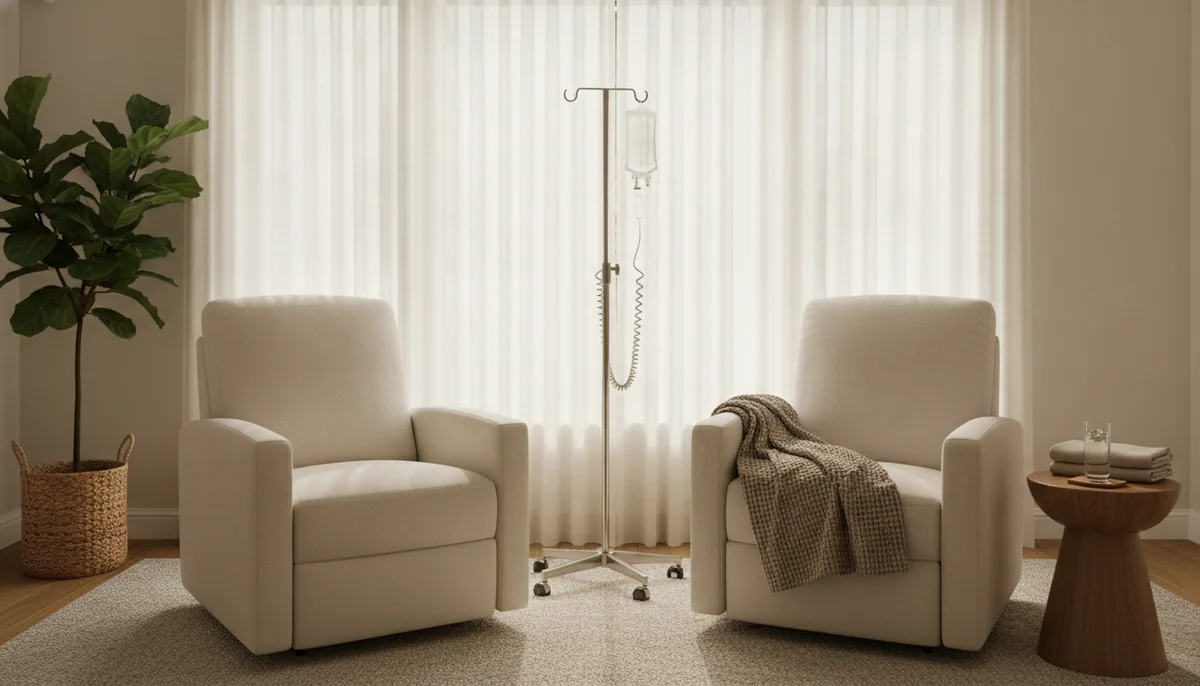 Two cream recliner chairs and an IV stand in the calm IV therapy lounge at Elegancy Beauty Bar in Ajax, Durham Region