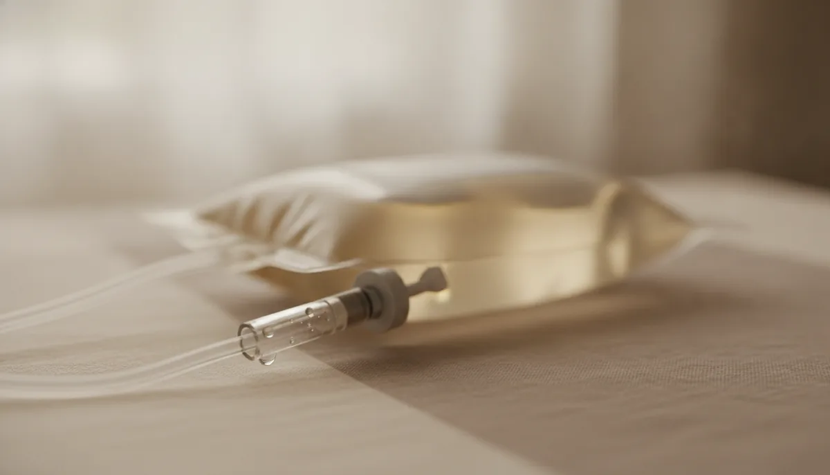 Close-up of a clear IV line and drip chamber prepared for a vitamin infusion at an Ajax medical spa