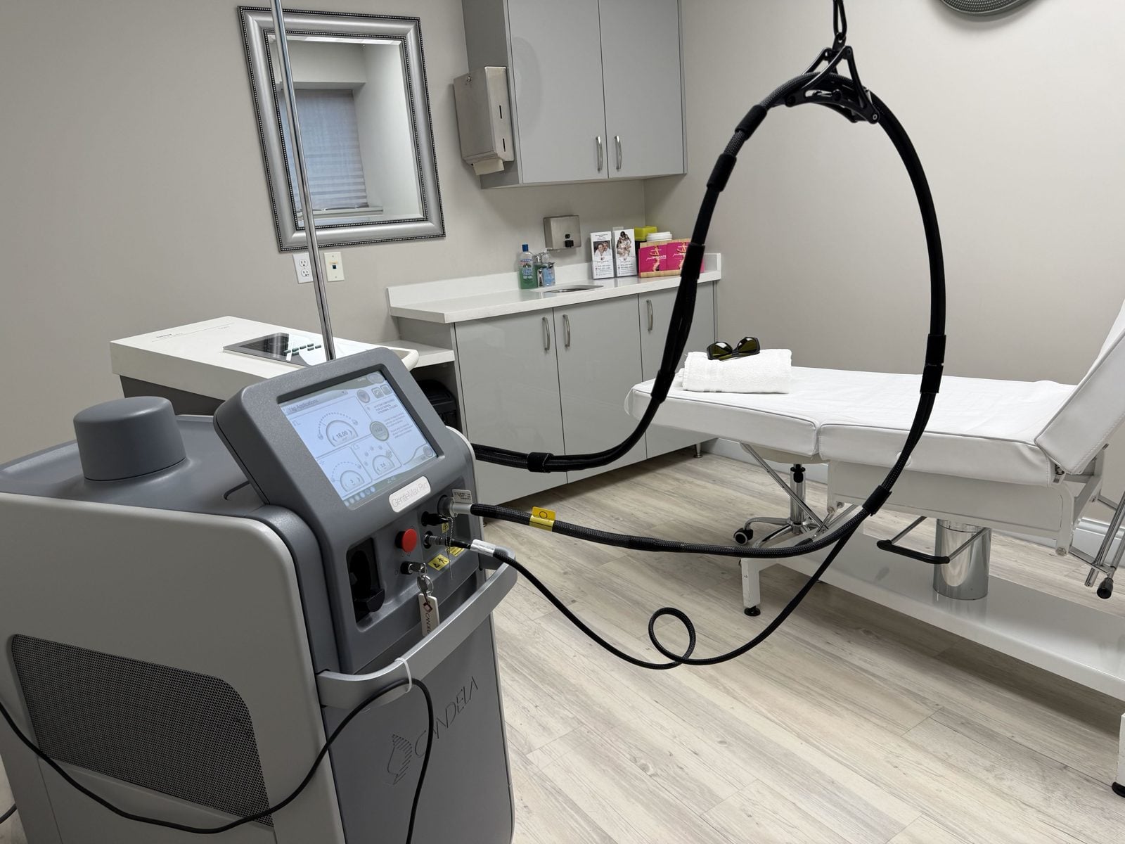 Candela GentleMax Pro laser hair removal system in a treatment room at Elegancy Beauty Bar in Ajax