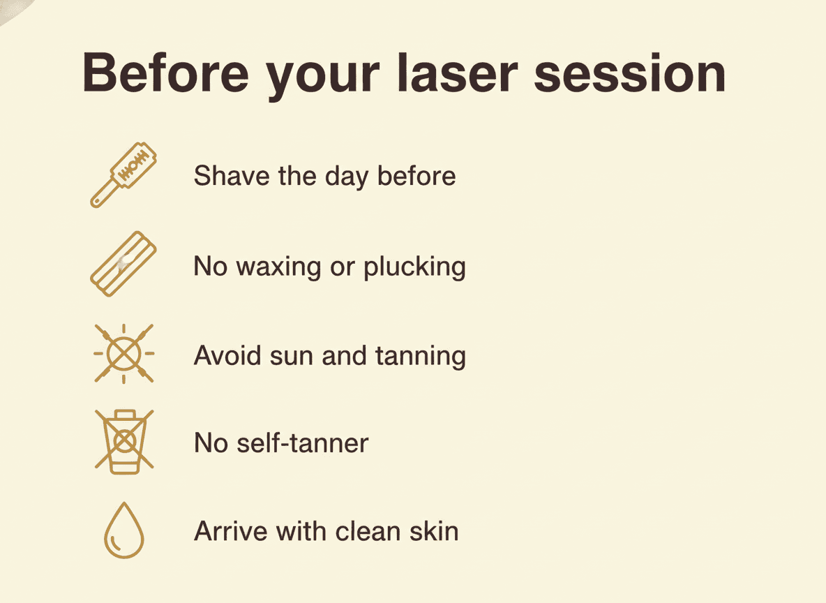 Before your laser hair removal session checklist: shave the day before, no waxing or plucking, avoid sun and tanning, no self-tanner, arrive with clean skin