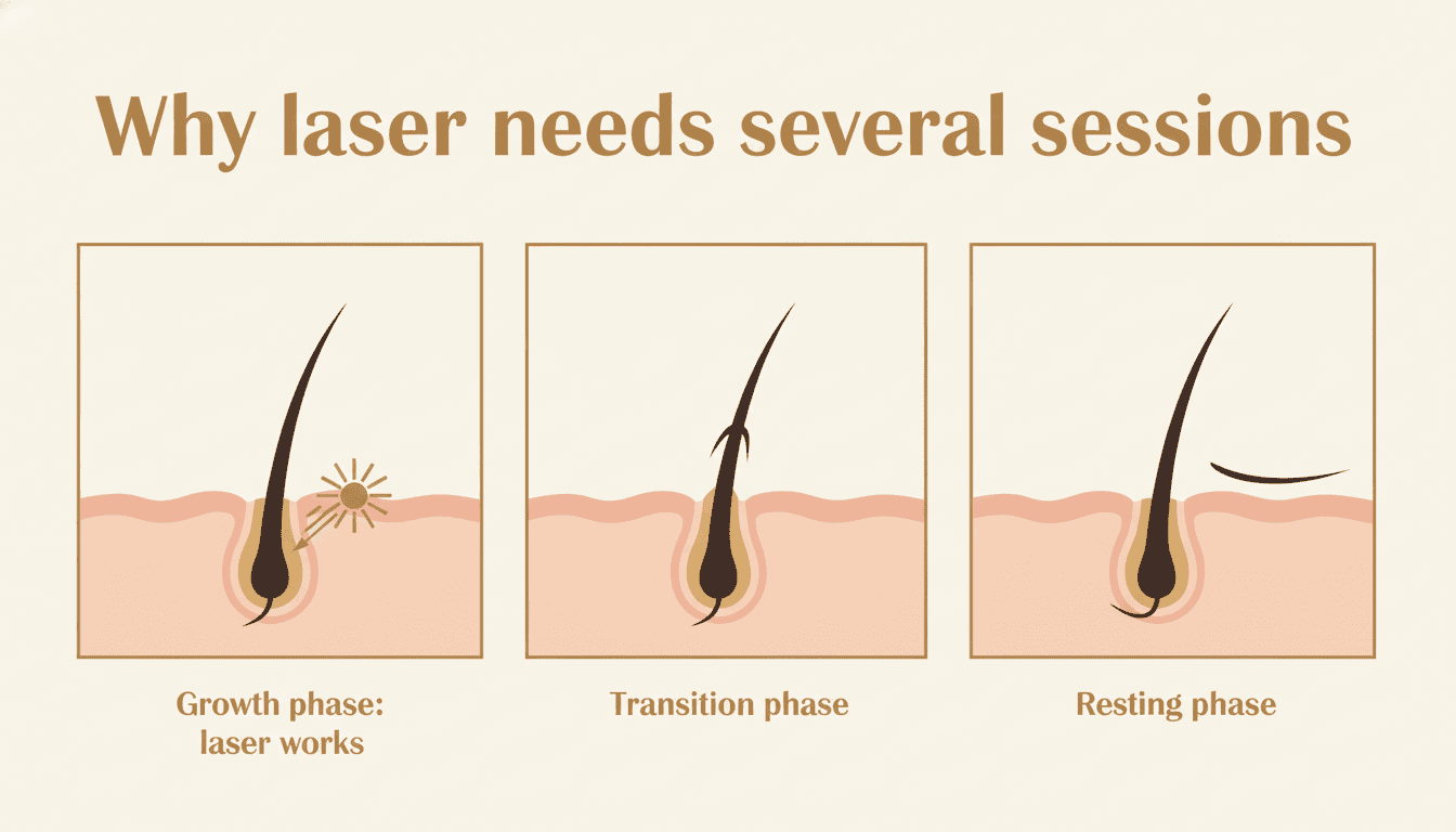 Hair growth cycle infographic: laser works in the growth phase, not the transition or resting phase, which is why laser hair removal needs several sessions