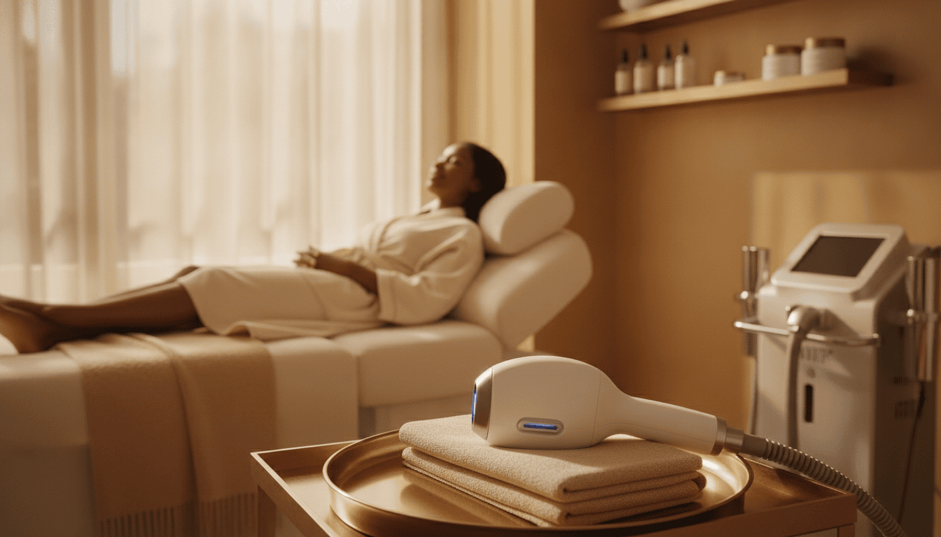 Laser hair removal handpiece in a treatment room at Elegancy Beauty Bar in Ajax, near Whitby
